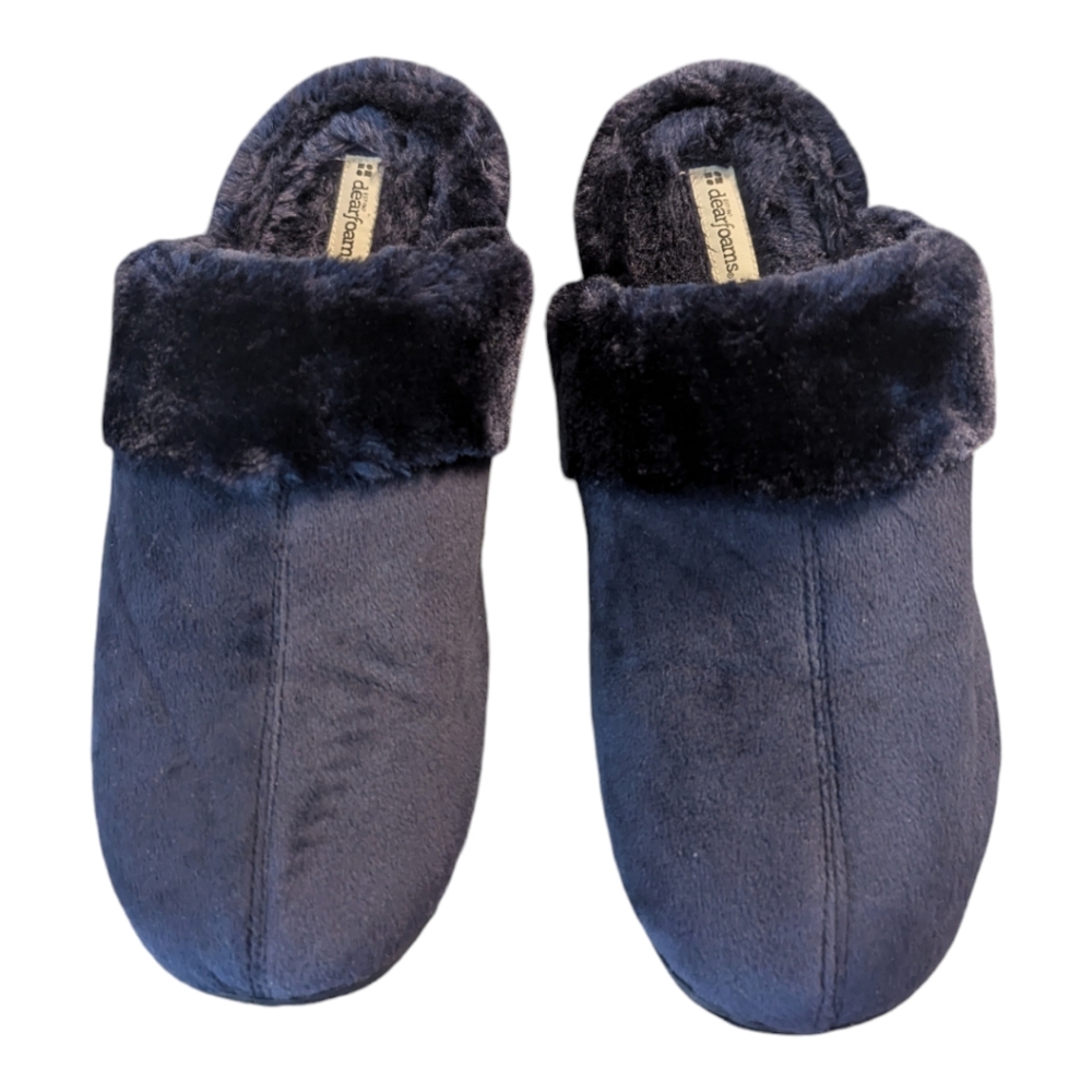 Dearfoams Navy Blue Faux Fur Lined Rubber Soles Slide On Slippers Women's L 9-10